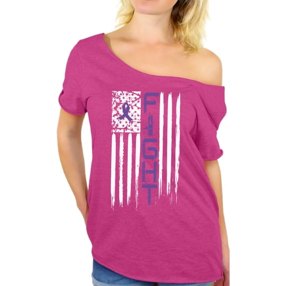 Awkward Styles Women's Fight Cancer Graphic Off Shoulder Tops T-shirt USA Flag Purple Ribbon for Awareness