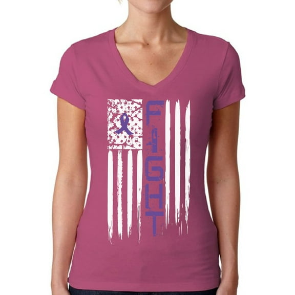 Awkward Styles Women's Fight Cancer V-neck T-shirt USA Flag Purple Ribbon for Awareness