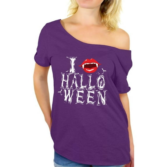 Awkward Styles Women's Halloween Graphic Off Shoulder Tops T-shirt I Fangs Halloween Vampire Fangs
