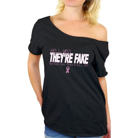 Awkward Styles Women's Hell Yes They're Fake Graphic Off Shoulder Tops T-shirt Pink Ribbon Breast Cancer Awareness