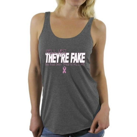 Awkward Styles Women's Hell Yes They're Fake Graphic Racerback Tank Tops Pink Ribbon Breast Cancer Awareness