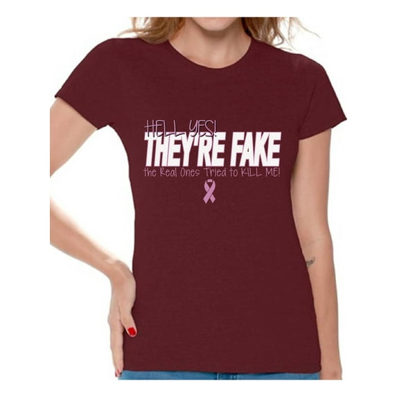 Awkward Styles Women's Hell Yes They're Fake Graphic T-shirt Tops Pink Ribbon Breast Cancer Awareness