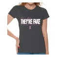 thumbnail image 1 of Awkward Styles Women's Hell Yes They're Fake Graphic T-shirt Tops Pink Ribbon Breast Cancer Awareness, 1 of 4