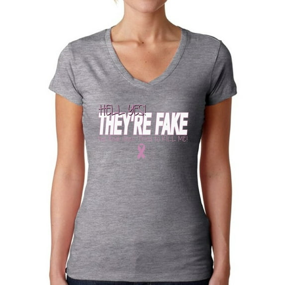 Awkward Styles Women's Hell Yes They're Fake V-neck T-shirt Pink Ribbon Breast Cancer Awareness