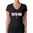 thumbnail image 1 of Awkward Styles Women's Hell Yes They're Fake V-neck T-shirt Pink Ribbon Breast Cancer Awareness, 1 of 4