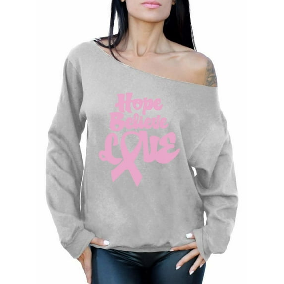 Awkward Styles Women's Hope Believe Love Graphic Off Shoulder Tops Oversized Sweatshirt Pink Ribbon Breast Cancer Awareness