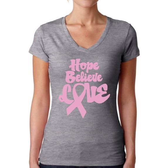 Awkward Styles Women's Hope Believe Love V-neck T-shirt Pink Ribbon Breast Cancer Awareness