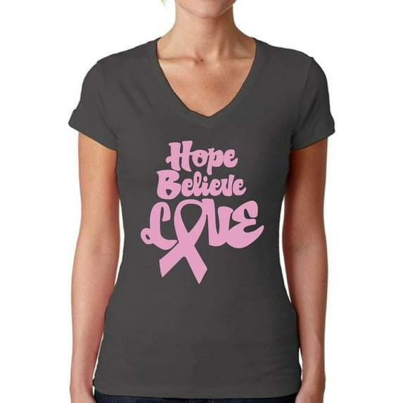 Awkward Styles Women's Hope Believe Love V-neck T-shirt Pink Ribbon Breast Cancer Awareness