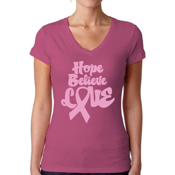Awkward Styles Women's Hope Believe Love V-neck T-shirt Pink Ribbon Breast Cancer Awareness