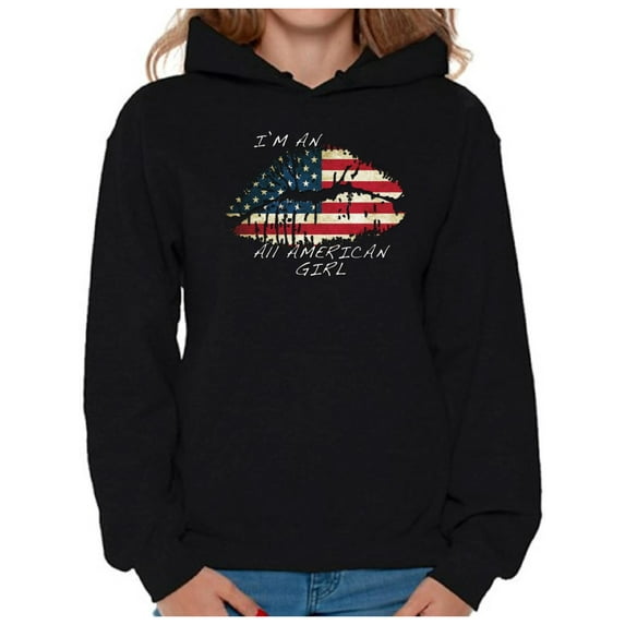 Awkward Styles Women's I Am An All American Girl Graphic Hoodie Tops Lips USA Flag 4th of July