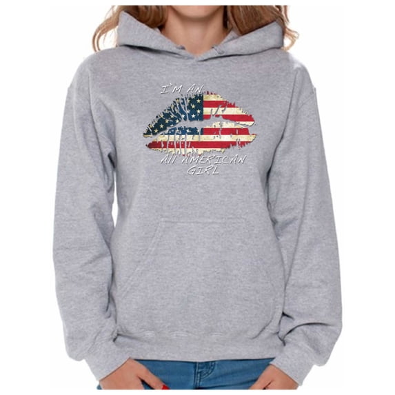 Awkward Styles Women's I Am An All American Girl Graphic Hoodie Tops Lips USA Flag 4th of July