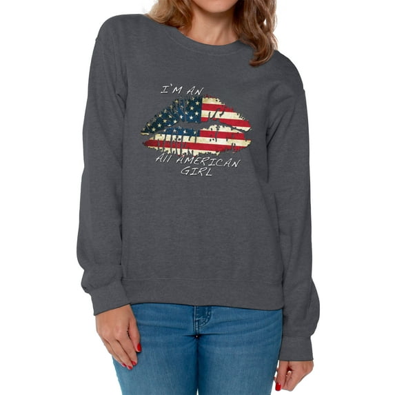 Awkward Styles Women's I Am An All American Girl Graphic Sweatshirt Tops Lips USA Flag 4th of July