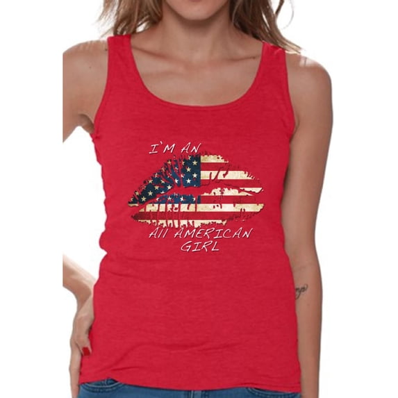 Awkward Styles Women's I Am An All American Girl Graphic Tank Tops Lips USA Flag 4th of July