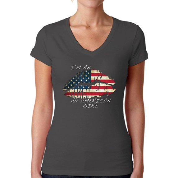 Awkward Styles Women's I Am An All American Girl V-neck T-shirt Lips USA Flag 4th of July