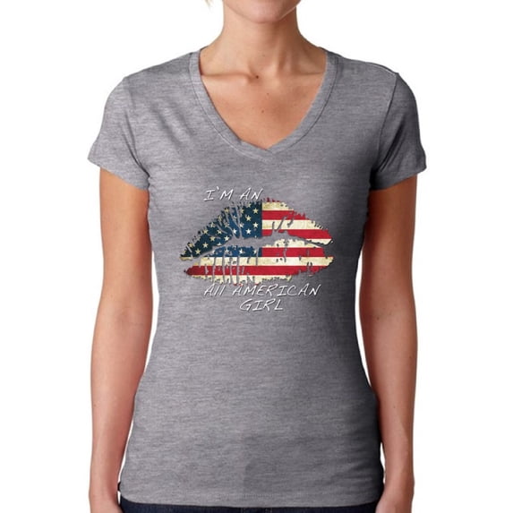 Awkward Styles Women's I Am An All American Girl V-neck T-shirt Lips USA Flag 4th of July