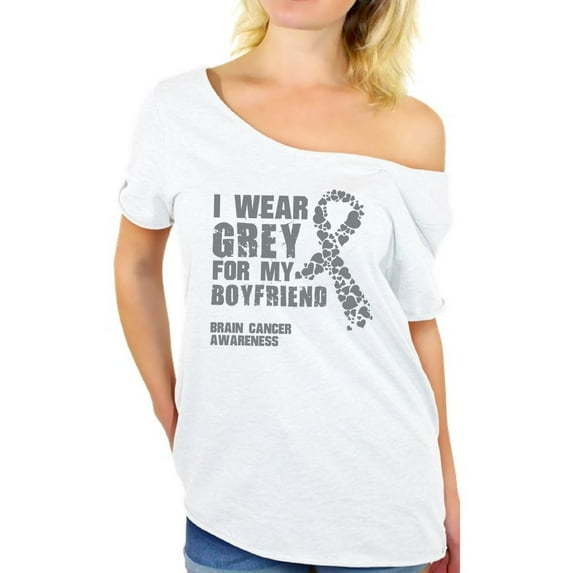 Awkward Styles Women's I Wear Grey for My Boyfriend Graphic Off Shoulder Tops T-shirt Brain Cancer Awareness