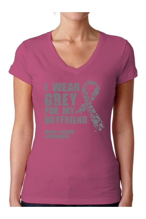 Women's I Wear Grey for My Boyfriend V-neck T-shirt Brain Cancer Awareness