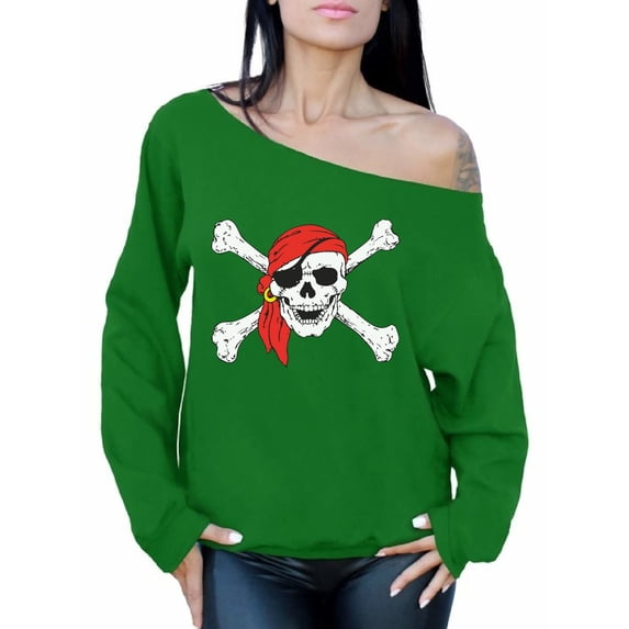 Awkward Styles Women's Jolly Roger Skull Graphic Off Shoulder Tops Oversized Sweatshirt Day of Dead Pirate Skull
