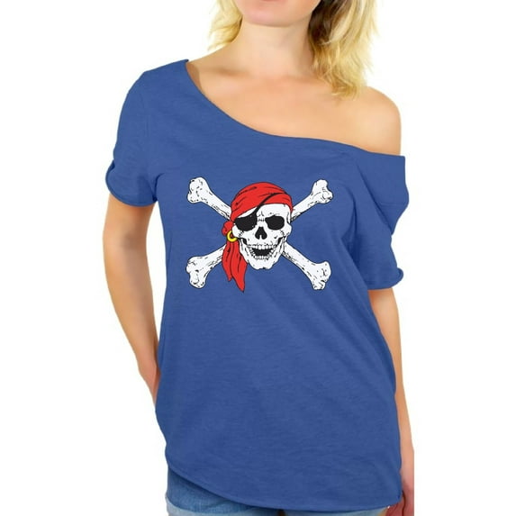 Awkward Styles Women's Jolly Roger Skull Graphic Off Shoulder Tops T-shirt Day of Dead Pirate Skull
