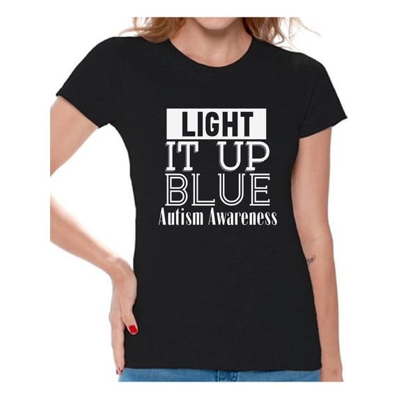 Awkward Styles Women's Light It Up Blue for Autism Awareness Shine A Light White Graphic T-shirt Tops