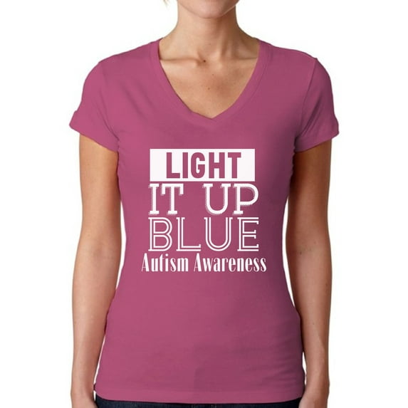 Awkward Styles Women's Light It Up Blue for Autism Awareness Shine A Light White V-neck T-shirt