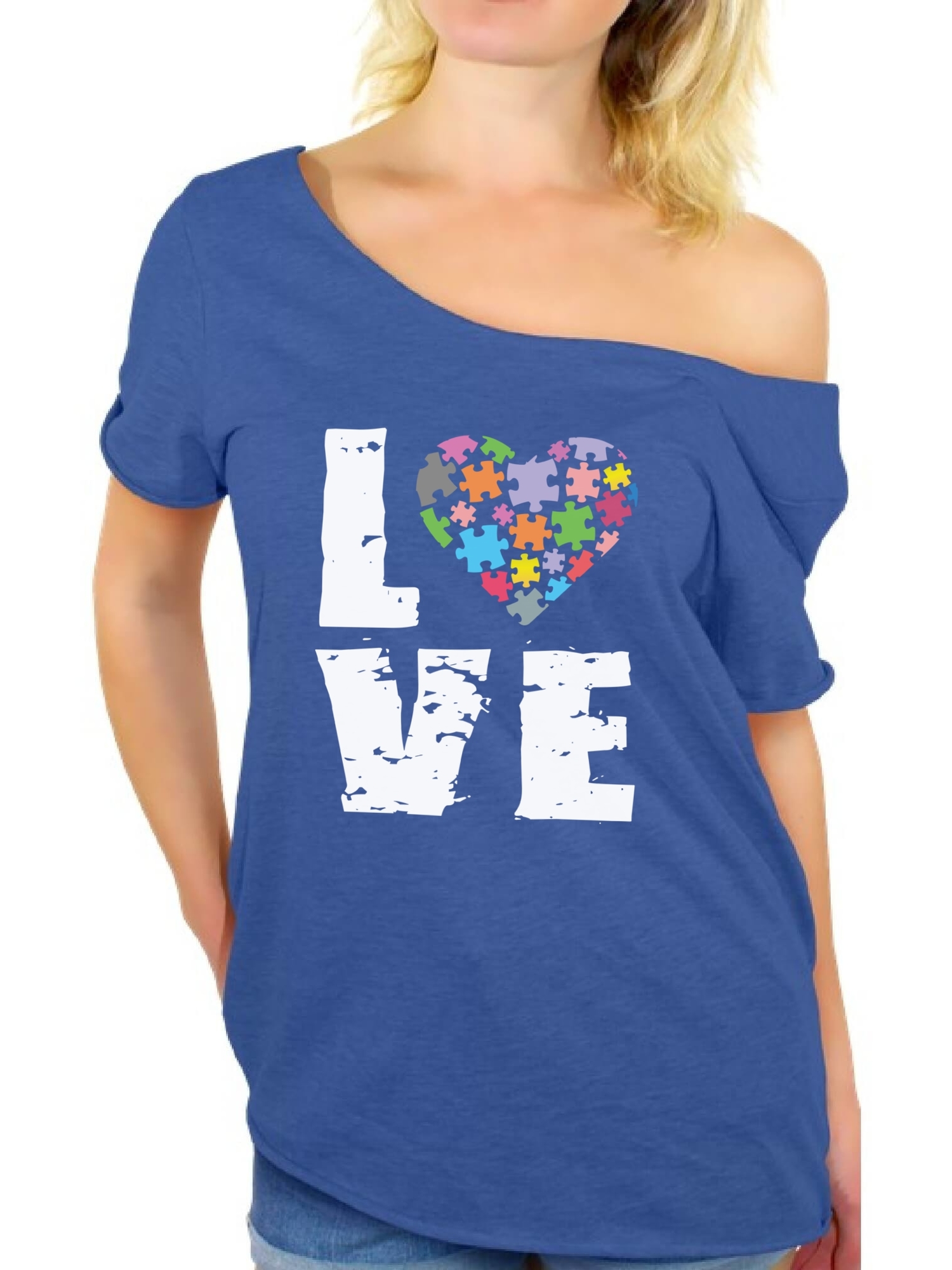 Awkward Styles Women's Love Puzzles Autism Awareness Graphic Off Shoulder Tops T-shirt Autistic Support - image 1 of 4