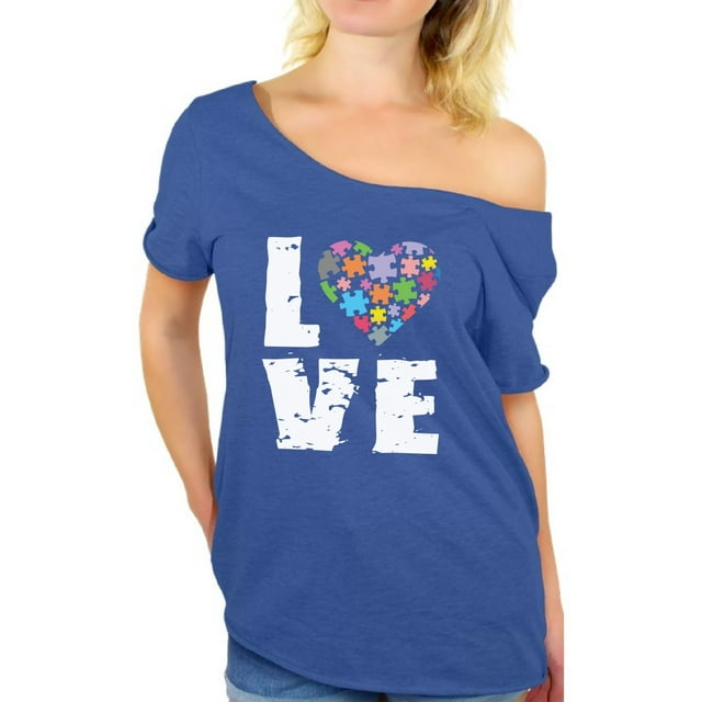 Awkward Styles Women's Love Puzzles Autism Awareness Graphic Off Shoulder Tops T-shirt Autistic Support