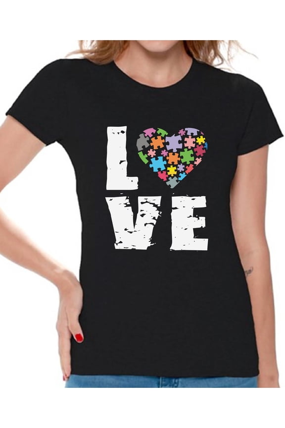 Women's Love Puzzles Autism Awareness Graphic T-shirt Tops Autistic Support