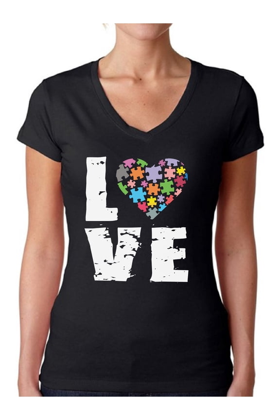 Women's Love Puzzles Autism Awareness V-neck T-shirt Autistic Support