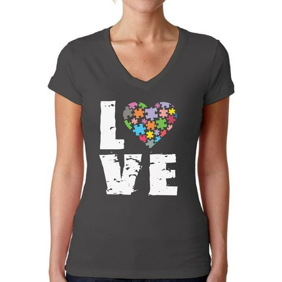 Awkward Styles Women's Love Puzzles Autism Awareness V-neck T-shirt Autistic Support
