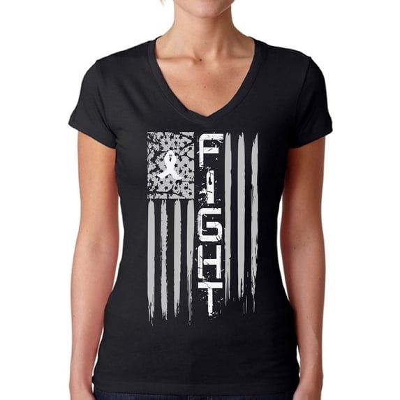 Awkward Styles Women's Lung Cancer Distressed American Flag V-neck T-shirt Fight White Ribbon