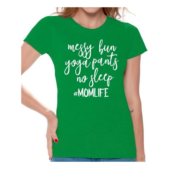 Awkward Styles Women's Messy Bun Yoga Pants No Sleep Momlife Hashtag Graphic T-shirt Tops White