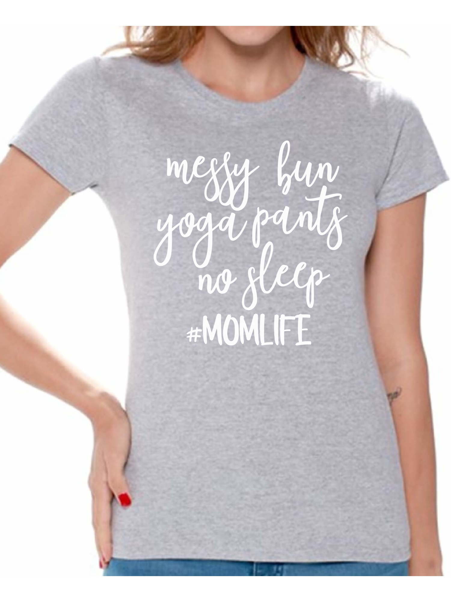 Awkward Styles Women's Messy Bun Yoga Pants No Sleep Momlife Hashtag Graphic T-shirt Tops White - image 1 of 4