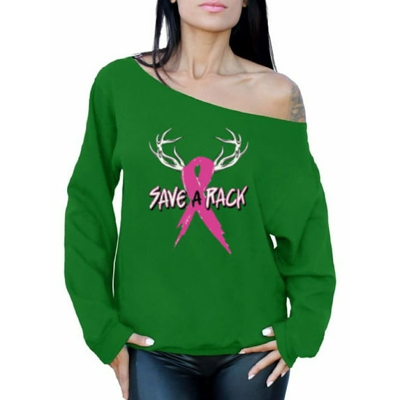 Awkward Styles Women's Save A Rack Graphic Off Shoulder Tops Oversized Sweatshirt Pink Ribbon Breast Cancer Awareness