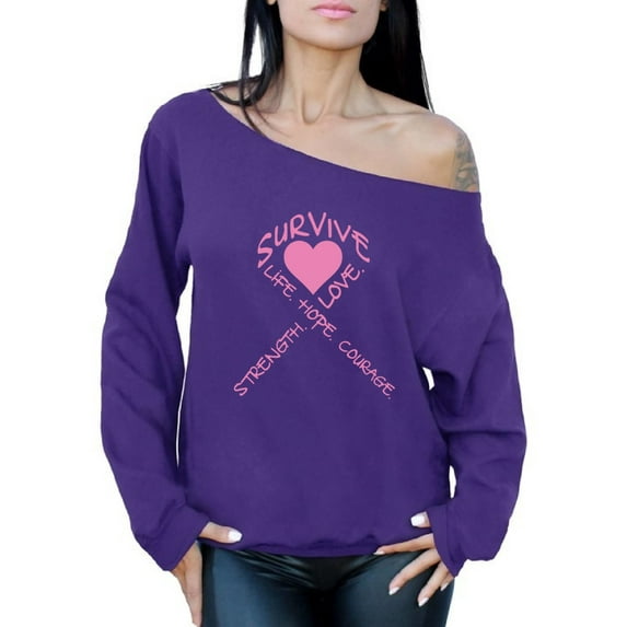 Awkward Styles Women's Survive Heart Graphic Off Shoulder Tops Oversized Sweatshirt Pink Ribbon Cancer Awareness Hope Love Life