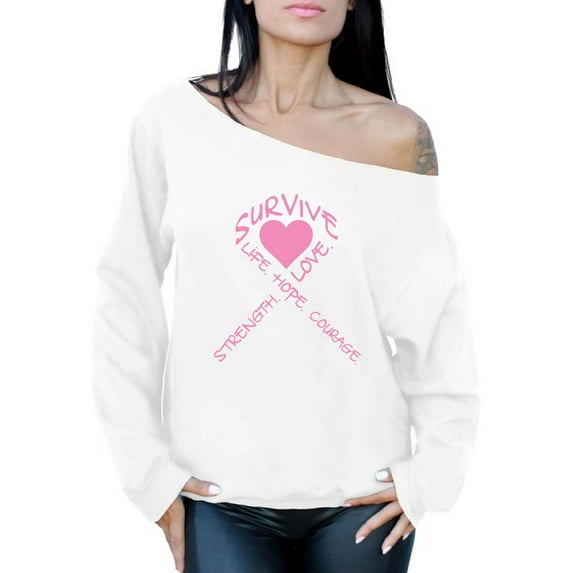 Awkward Styles Women's Survive Heart Graphic Off Shoulder Tops Oversized Sweatshirt Pink Ribbon Cancer Awareness Hope Love Life