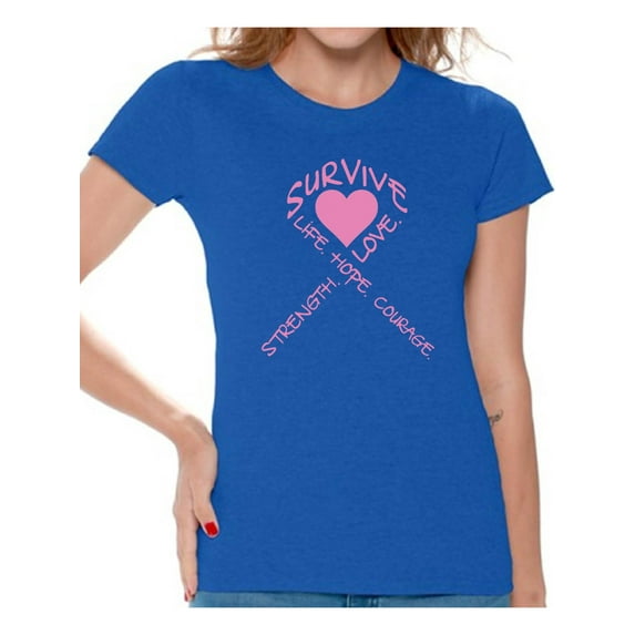 Awkward Styles Women's Survive Heart Graphic T-shirt Tops Pink Ribbon Cancer Awareness Hope Love Life