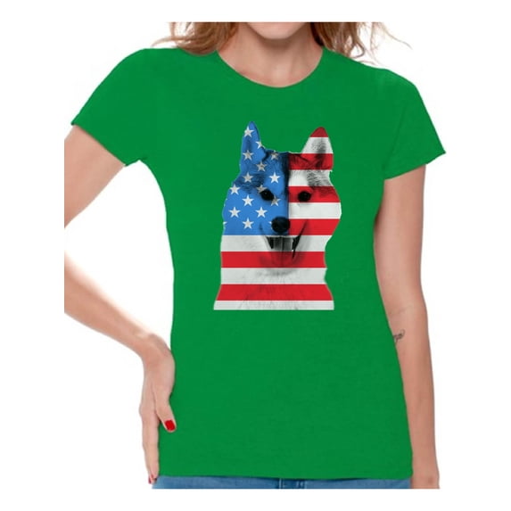 Awkward Styles Women's USA Flag American Husky Dog Lover`s Graphic T-shirt Tops Independence Day