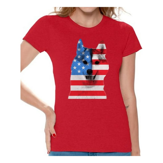 Awkward Styles Women's USA Flag American Husky Dog Lover`s Graphic T-shirt Tops Independence Day