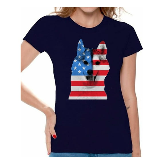 Awkward Styles Women's USA Flag American Husky Dog Lover`s Graphic T-shirt Tops Independence Day