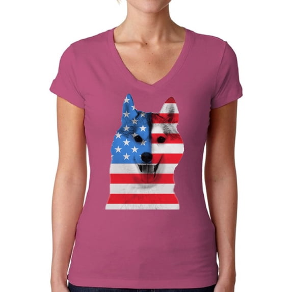 Awkward Styles Women's USA Flag American Husky Dog Lover`s V-neck T-shirt Independence Day