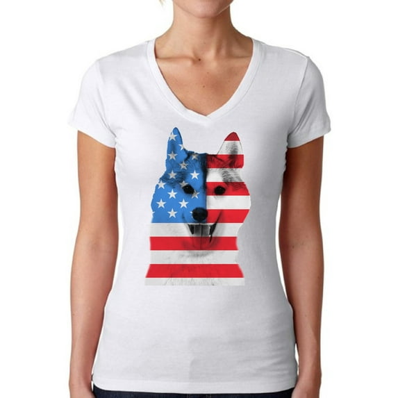 Awkward Styles Women's USA Flag American Husky Dog Lover`s V-neck T-shirt Independence Day