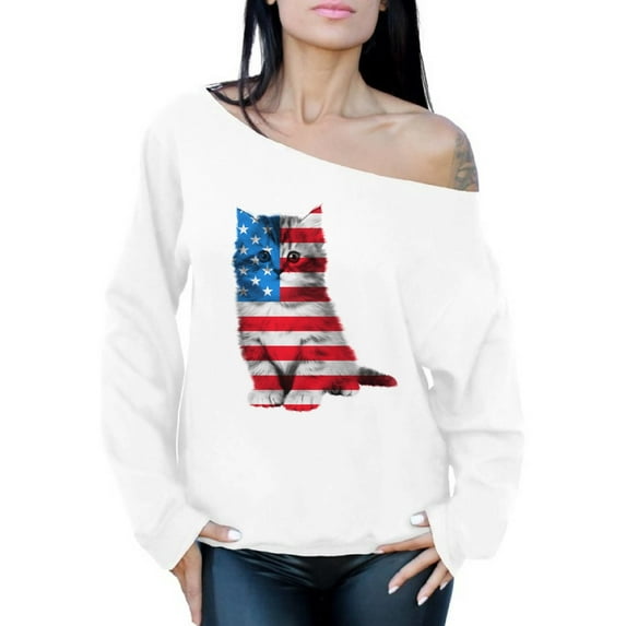 Awkward Styles Women's USA Flag Cat Graphic Off Shoulder Tops Oversized Sweatshirt Cute 4th of July Gift American Flag