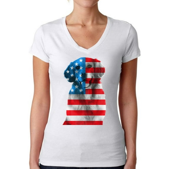 Awkward Styles Women's USA Flag Golden Retriever V-neck T-shirt Independence Day Gift