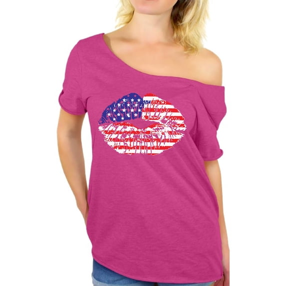 Awkward Styles Women's USA Flag Lips Cool Graphic Off Shoulder Tops T-shirt 4th of July Gift Independence Day