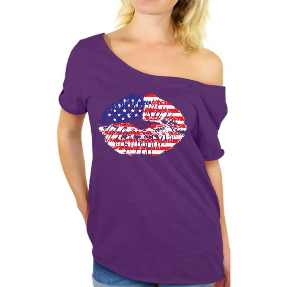 Awkward Styles Women's USA Flag Lips Cool Graphic Off Shoulder Tops T-shirt 4th of July Gift Independence Day