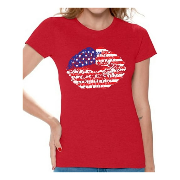 Awkward Styles Women's USA Flag Lips Cool Graphic T-shirt Tops 4th of July Gift Independence Day