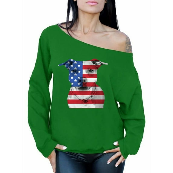Awkward Styles Women's USA Flag Pitbull Graphic Off Shoulder Tops Oversized Sweatshirt American Flag Pitbull Patriotic 4th of July