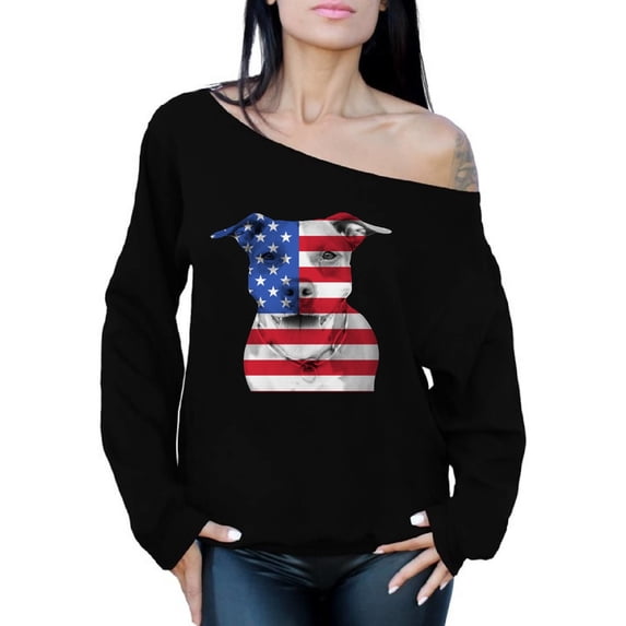 Awkward Styles Women's USA Flag Pitbull Graphic Off Shoulder Tops Oversized Sweatshirt American Flag Pitbull Patriotic 4th of July