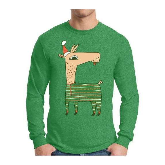 Awkward Styles Xmas Llama in Santa's Hat Funny Pattern Christmas Sweater Long Sleeve T-Shirt for Men